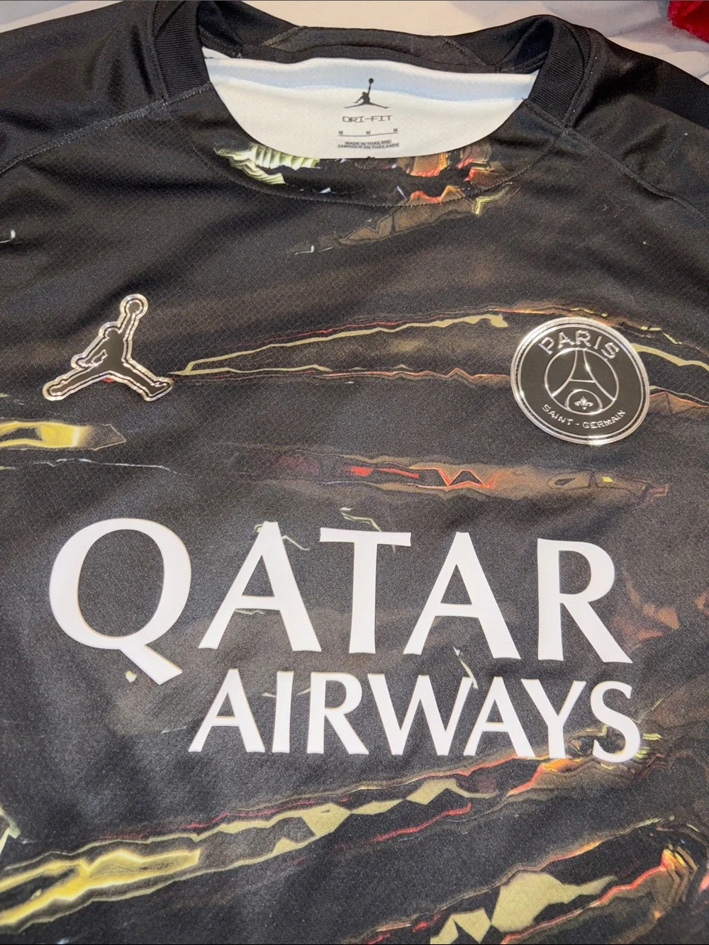 Jordan Black PSG Qatar Airways Men's Football Jersey with Gold Accent